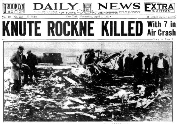 A newspaper with the headline " state rockne killed was an accident."